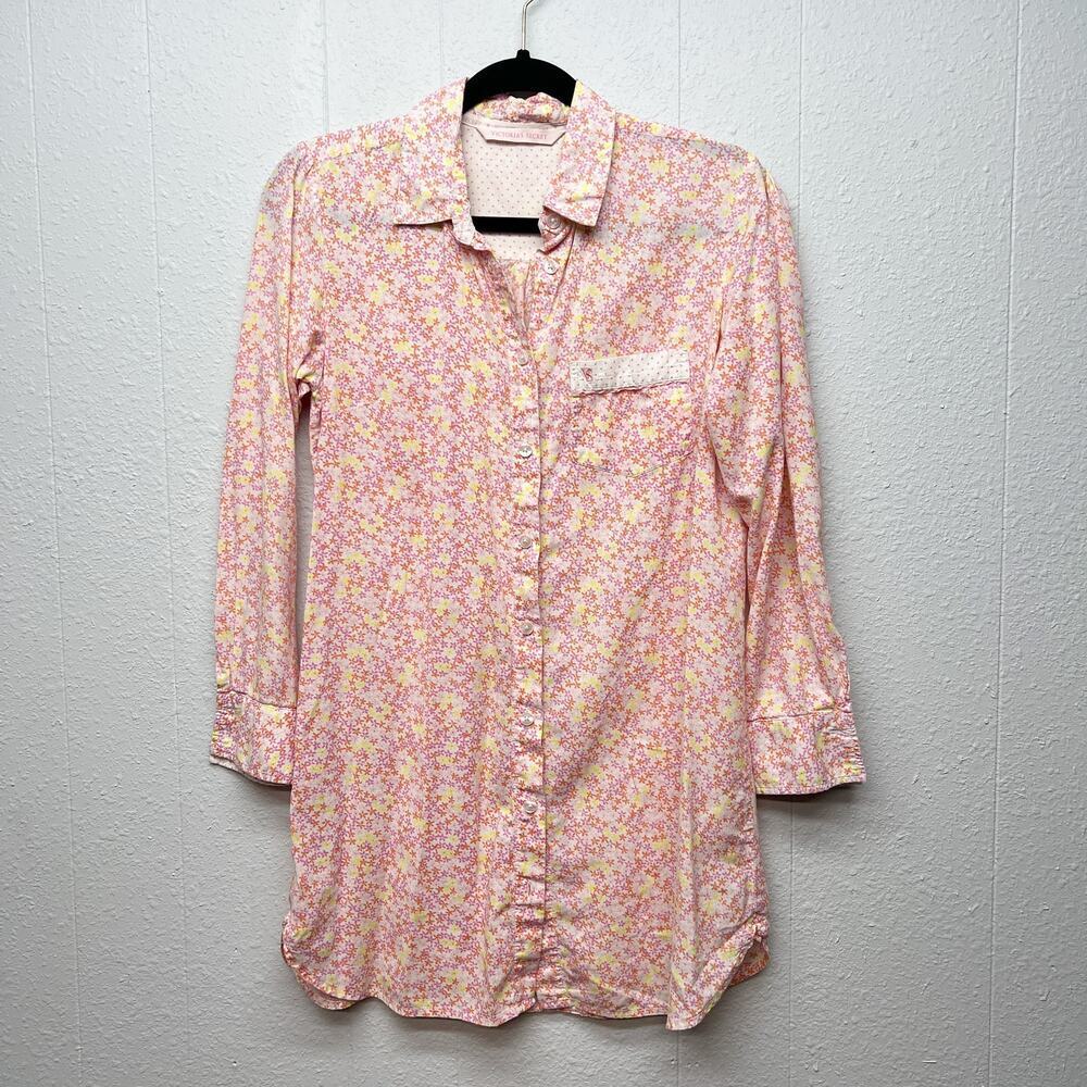 Victoria's Secret Floral Long Length Button Down Sleep Shirt Womens Size XS